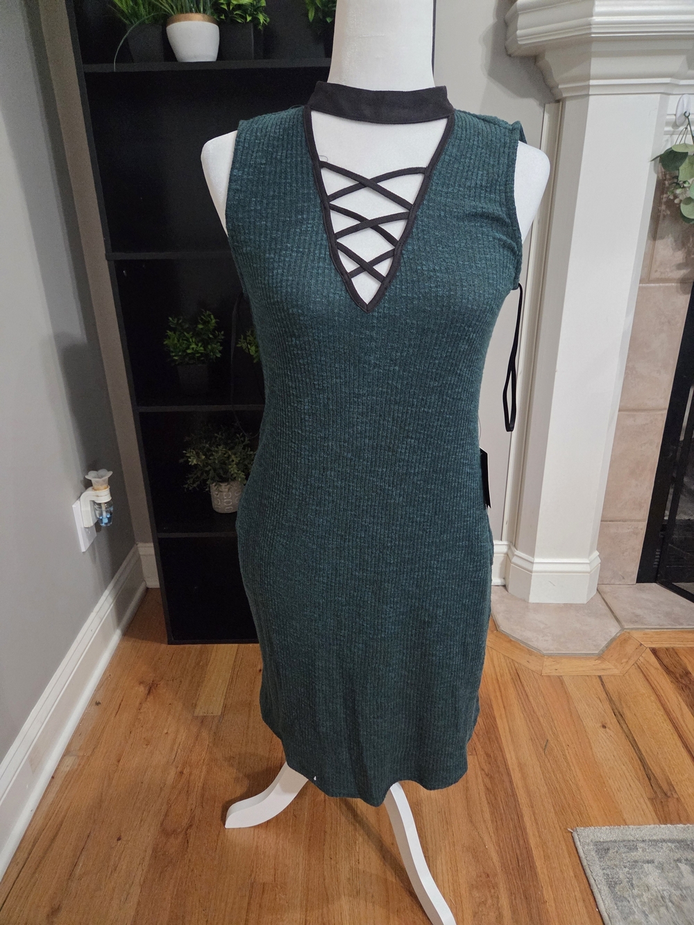 I.N. San Francisco Dark Teal Ribbed Sleeveless Dress with Black Lattice V-Neck